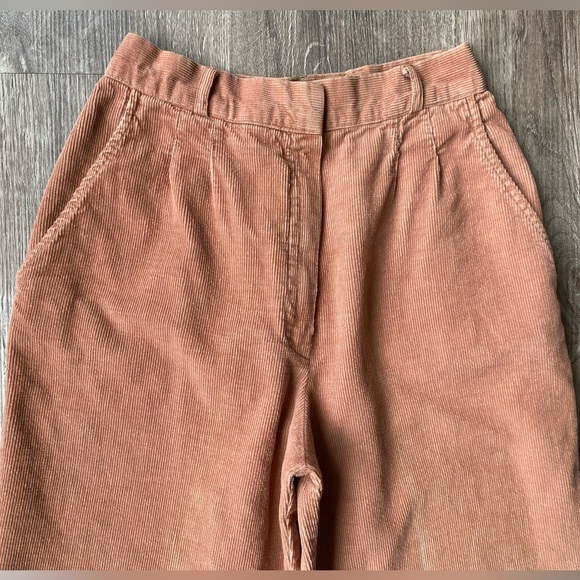 Vintage 70s 80s XS S 24 25 Tan Corduroy Wide Leg Belted Bell Bottoms Pleated - Picture 2 of 16